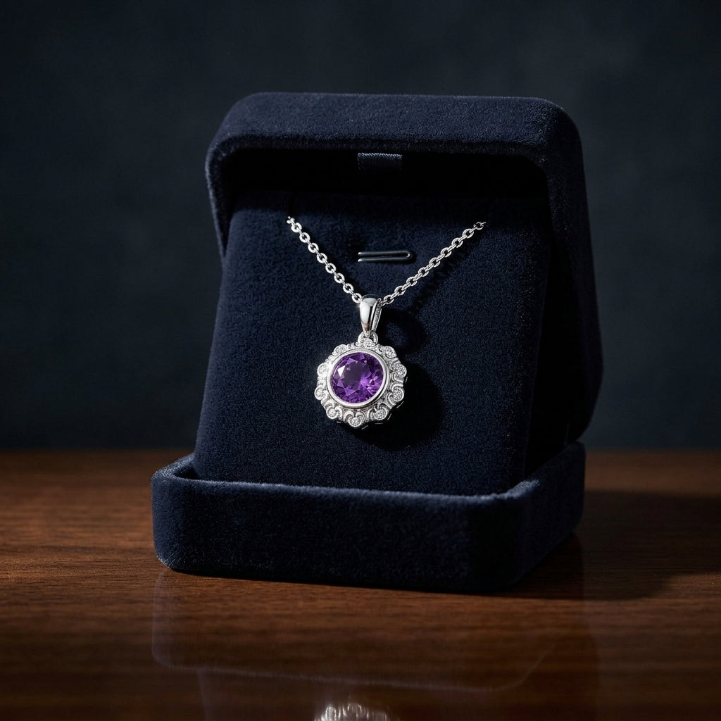14kw Gold Amethyst & Diamond Pendant — gift presentation