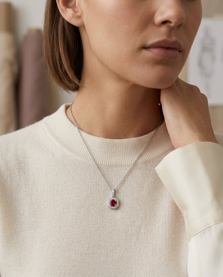 Ruby And Diamond Pave Pendant In 14k White Gold (1/6 Ct. Tw.) — editorial close-up