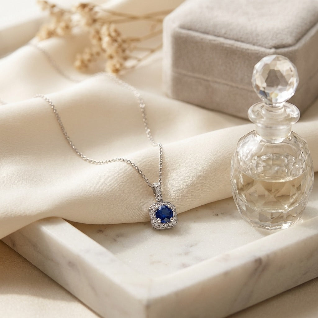 Sapphire and Diamond Halo Pendant in 14k White Gold 17 in Curb Chain — marble silk