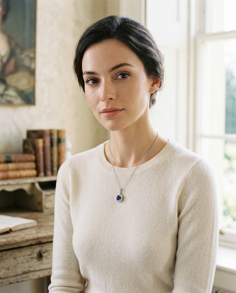 Sapphire and Diamond Halo Pendant in 14k White Gold 17 in Curb Chain — portrait full