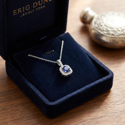 Sapphire and Diamond Halo Pendant in 14k White Gold 17 in Curb Chain — velvet box