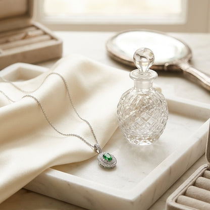Tsavorite and Diamond Double Oval Halo Pendant in 14k White Gold 17 in Curb Chain — marble silk