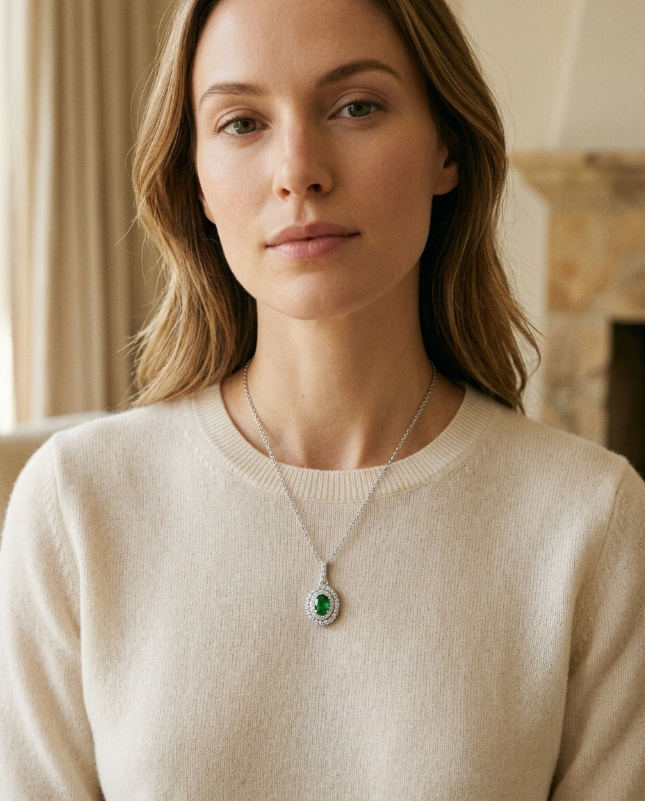 Tsavorite and Diamond Double Oval Halo Pendant in 14k White Gold 17 in Curb Chain — portrait close