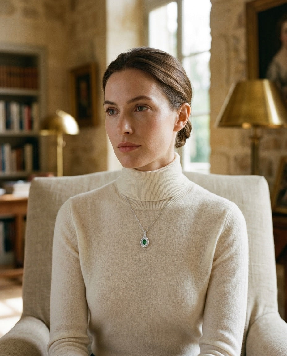 Tsavorite and Diamond Double Oval Halo Pendant in 14k White Gold 17 in Curb Chain — portrait full