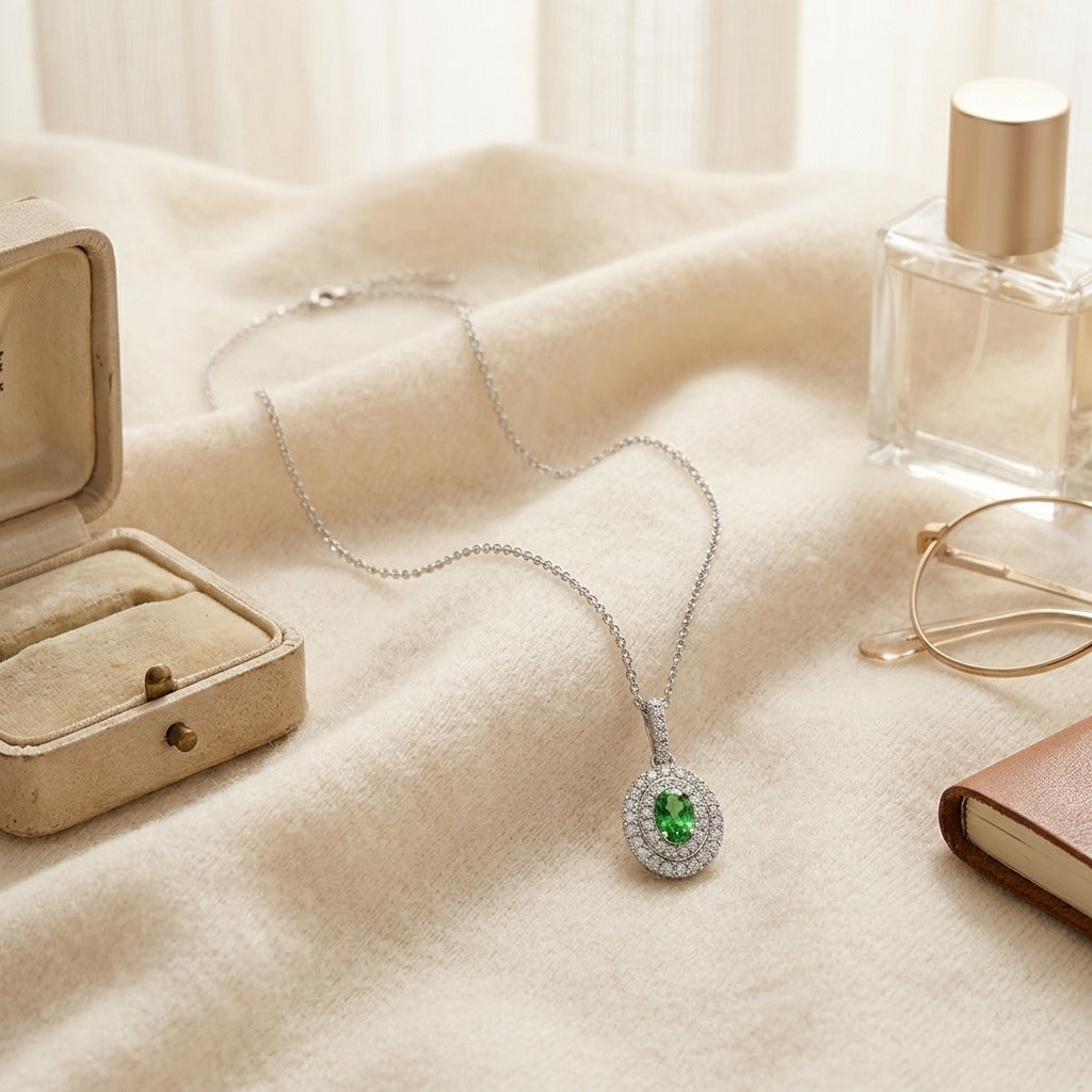 Tsavorite and Diamond Double Oval Halo Pendant in 14k White Gold 17 in Curb Chain — textile flat lay