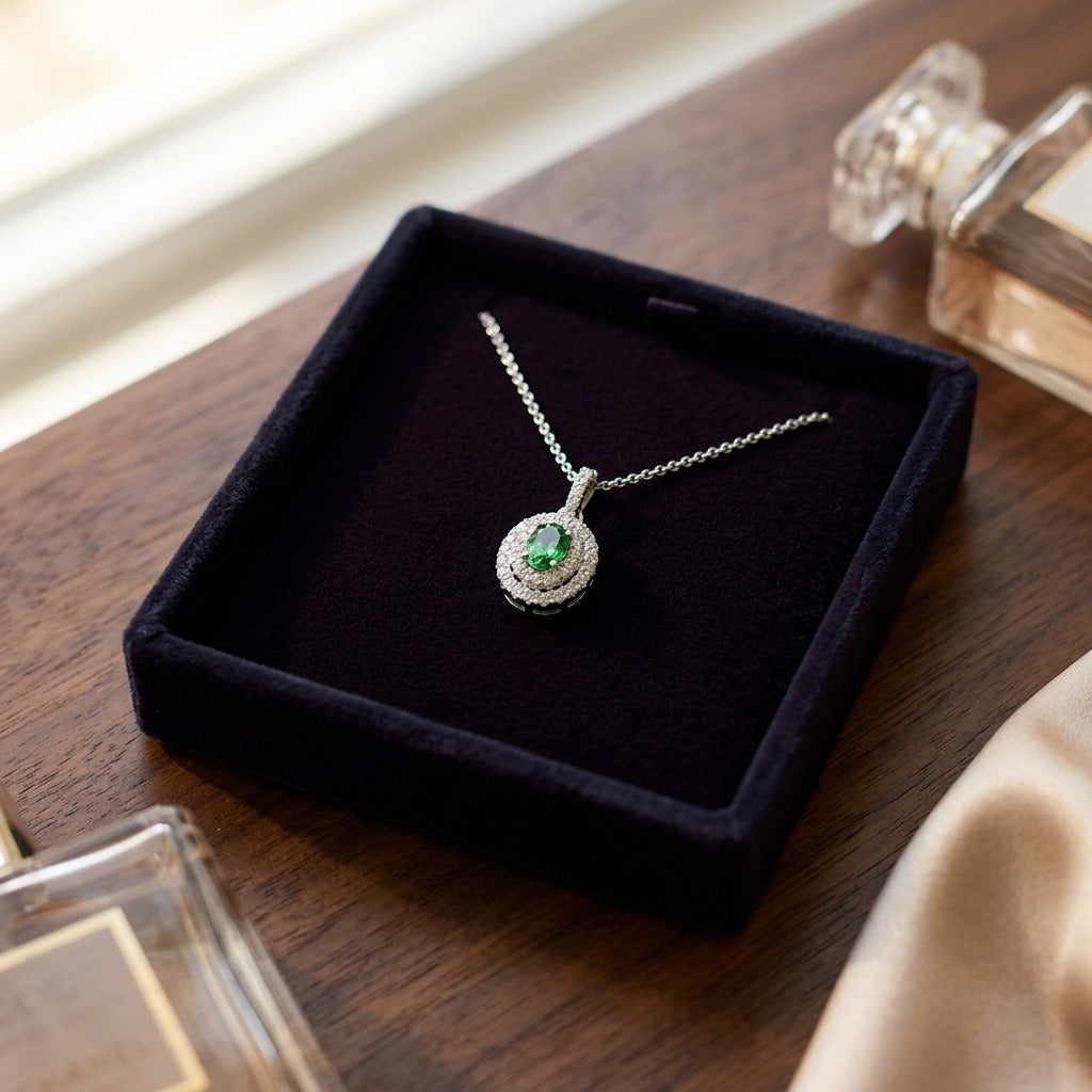 Tsavorite and Diamond Double Oval Halo Pendant in 14k White Gold 17 in Curb Chain — velvet box