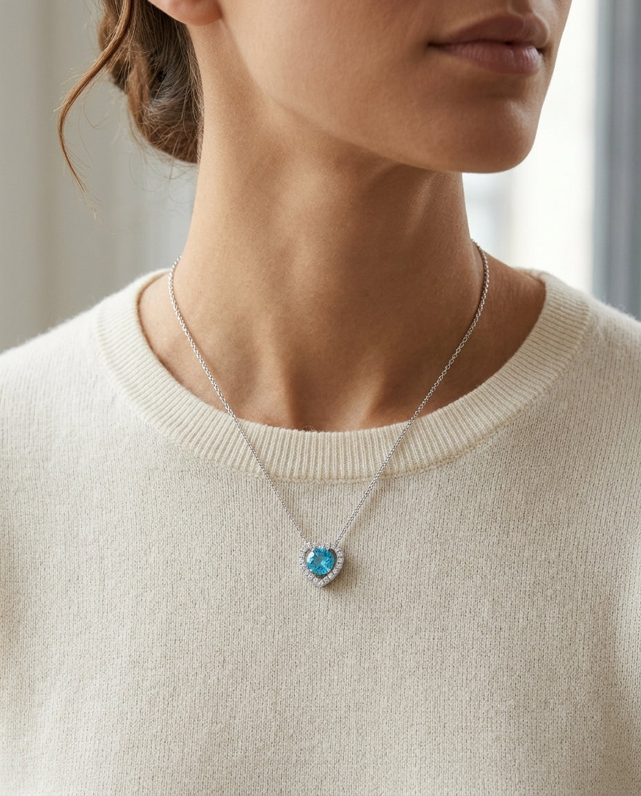 Blue Topaz Diamond Heart Frame Pendant In 14k White Gold (17-in Curb Chain) — editorial close-up