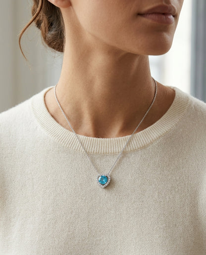 Blue Topaz Diamond Heart Frame Pendant In 14k White Gold (17-in Curb Chain) — editorial close-up