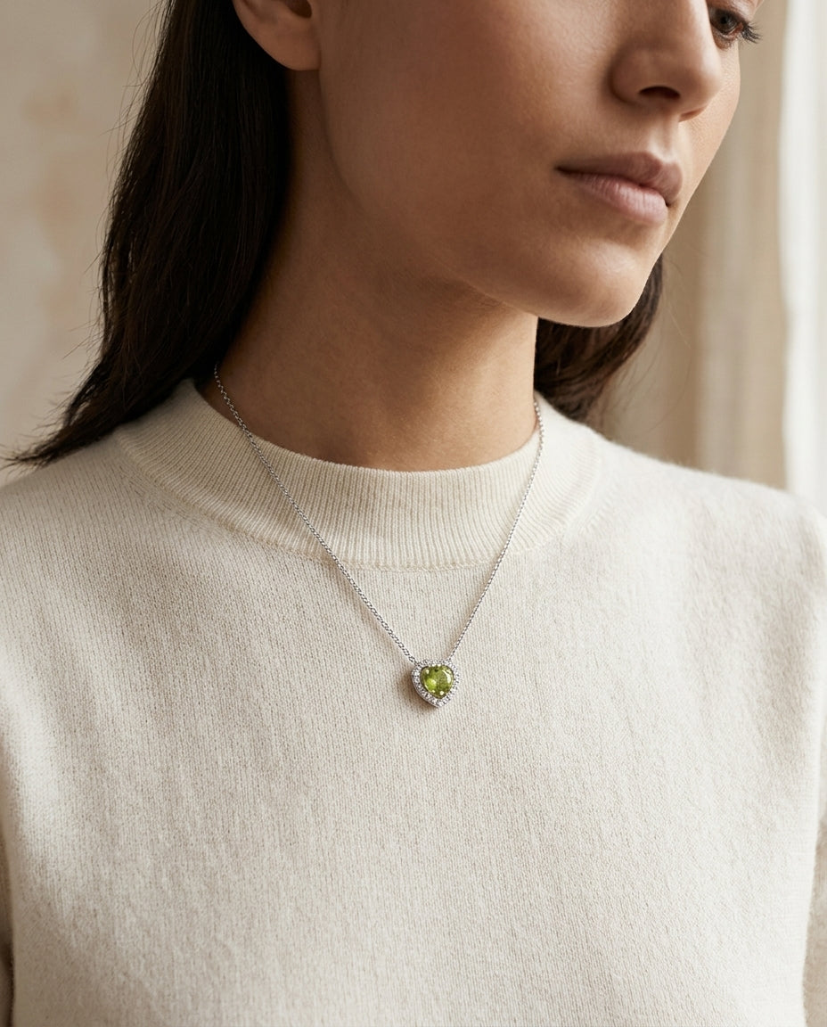 Peridot Diamond Heart Frame Pendant In 14k White Gold (17-in Baby Cable Chain) — editorial close-up