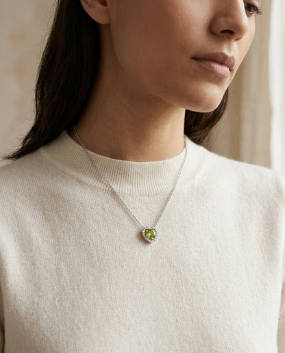 Peridot Diamond Heart Frame Pendant In 14k White Gold (17-in Baby Cable Chain) — editorial close-up