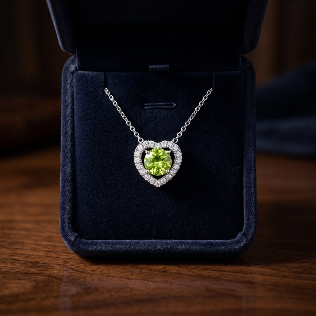 Peridot Diamond Heart Frame Pendant In 14k White Gold (17-in Baby Cable Chain) — gift presentation