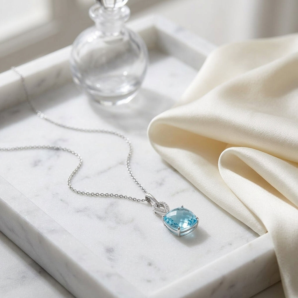 Blue Topaz And Diamond Cushion Drop Pendant In 14k White Gold (18-in Curb Chain) — atelier still life