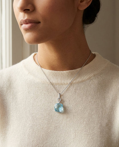 Blue Topaz And Diamond Cushion Drop Pendant In 14k White Gold (18-in Curb Chain) — editorial close-up
