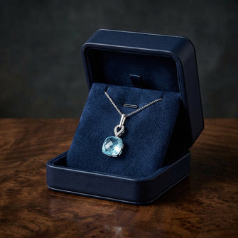 Blue Topaz And Diamond Cushion Drop Pendant In 14k White Gold (18-in Curb Chain) — gift presentation