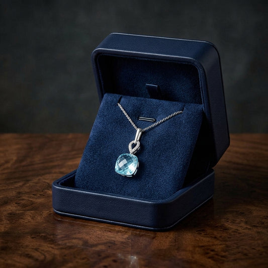 Blue Topaz And Diamond Cushion Drop Pendant In 14k White Gold (18-in Curb Chain) — gift presentation