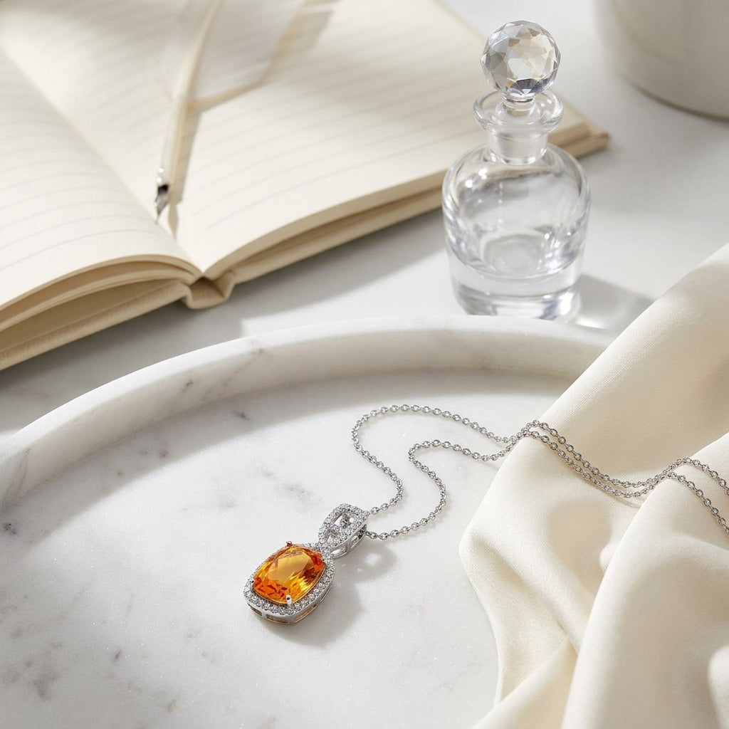 Citrine Elongated Cushion And Diamond Buckle-style Bail Pendant In 14k White Gold (12x8mm) — atelier still life