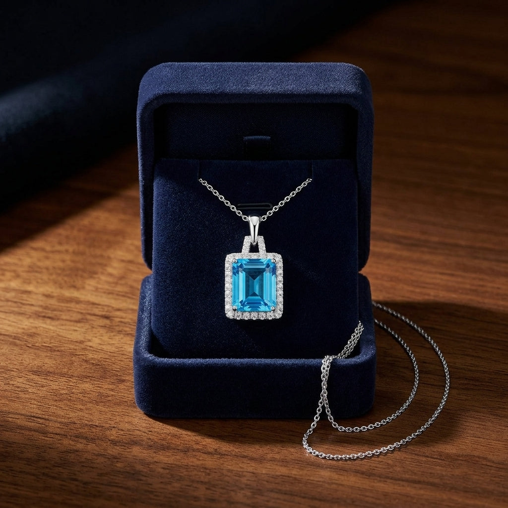 Swiss Blue Topaz And Diamond Halo Pendant With Trapezoid Bail In 14k White Gold — gift presentation