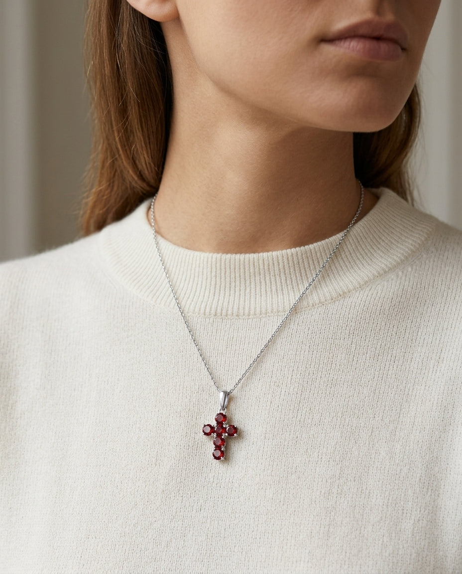 Rhodolite Garnet And Diamond Prong-set Cross Pendant In 14k White Gold — editorial close-up