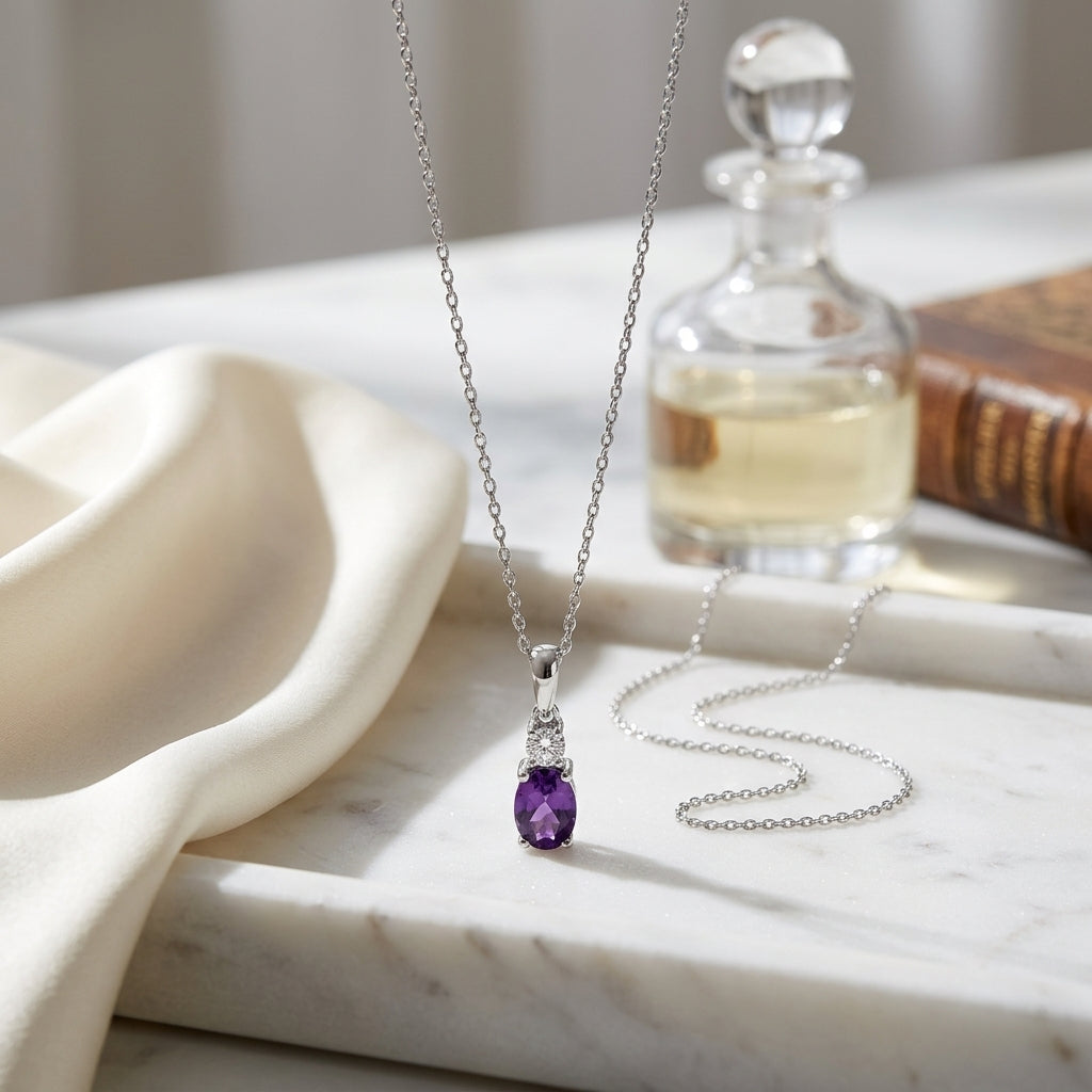 Amethyst Oval And Diamond Pendant In 14k Gold (7x5 Mm) — atelier still life