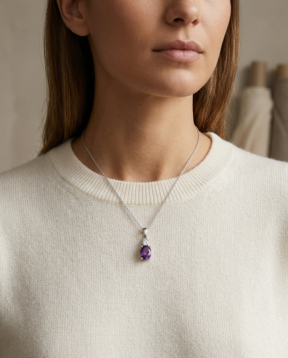 Amethyst Oval And Diamond Pendant In 14k Gold (7x5 Mm) — editorial close-up