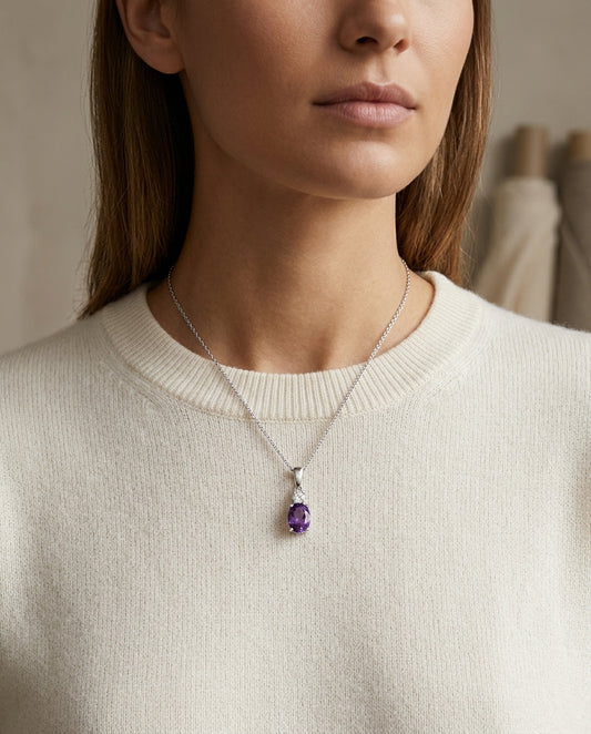 Amethyst Oval And Diamond Pendant In 14k Gold (7x5 Mm) — editorial close-up