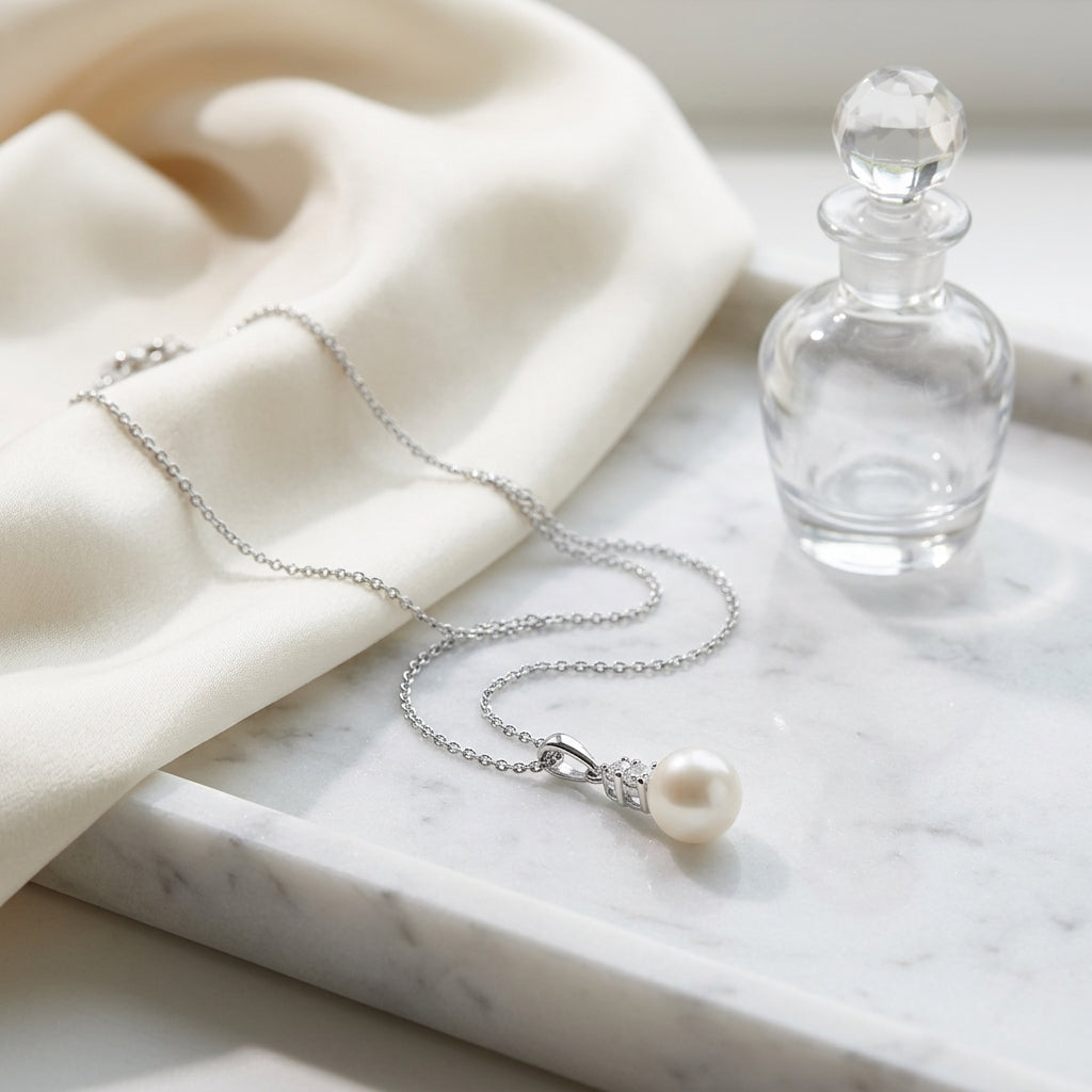 Pearl And Diamond Drop Pendant In 14k White Gold 17in Curb Chain — atelier still life