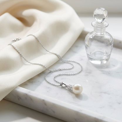 Pearl And Diamond Drop Pendant In 14k White Gold 17in Curb Chain — atelier still life