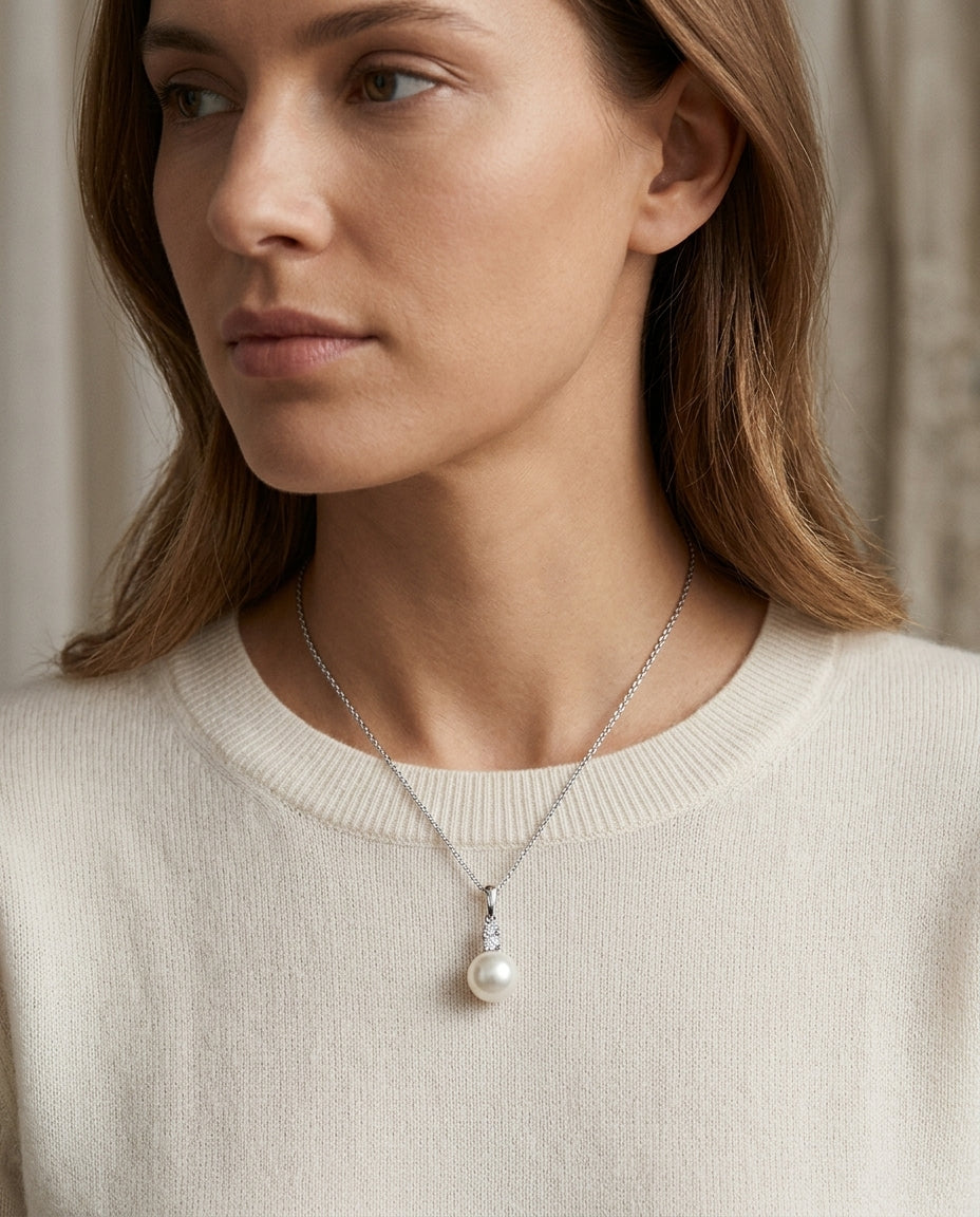 Pearl And Diamond Drop Pendant In 14k White Gold 17in Curb Chain — editorial close-up