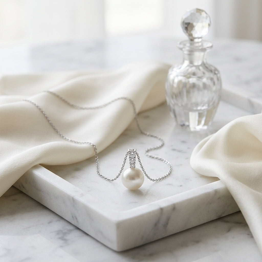 White Cultured Akoya Pearl And Diamond Pendant In 14k White Gold — atelier still life