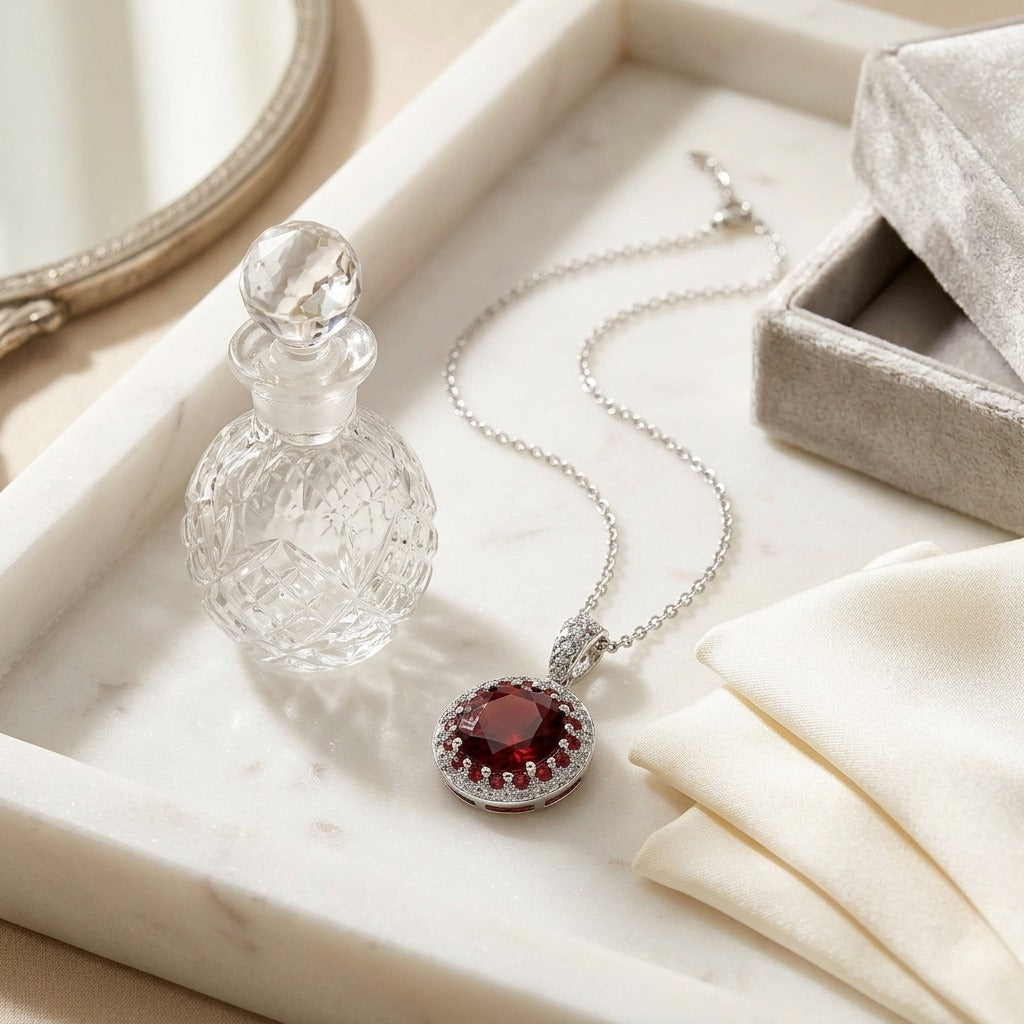 Garnet, Orange Sapphire And Diamond Halo Pendant In 14k White Gold — marble silk