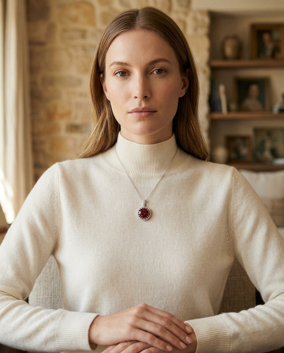 Garnet, Orange Sapphire And Diamond Halo Pendant In 14k White Gold — portrait close