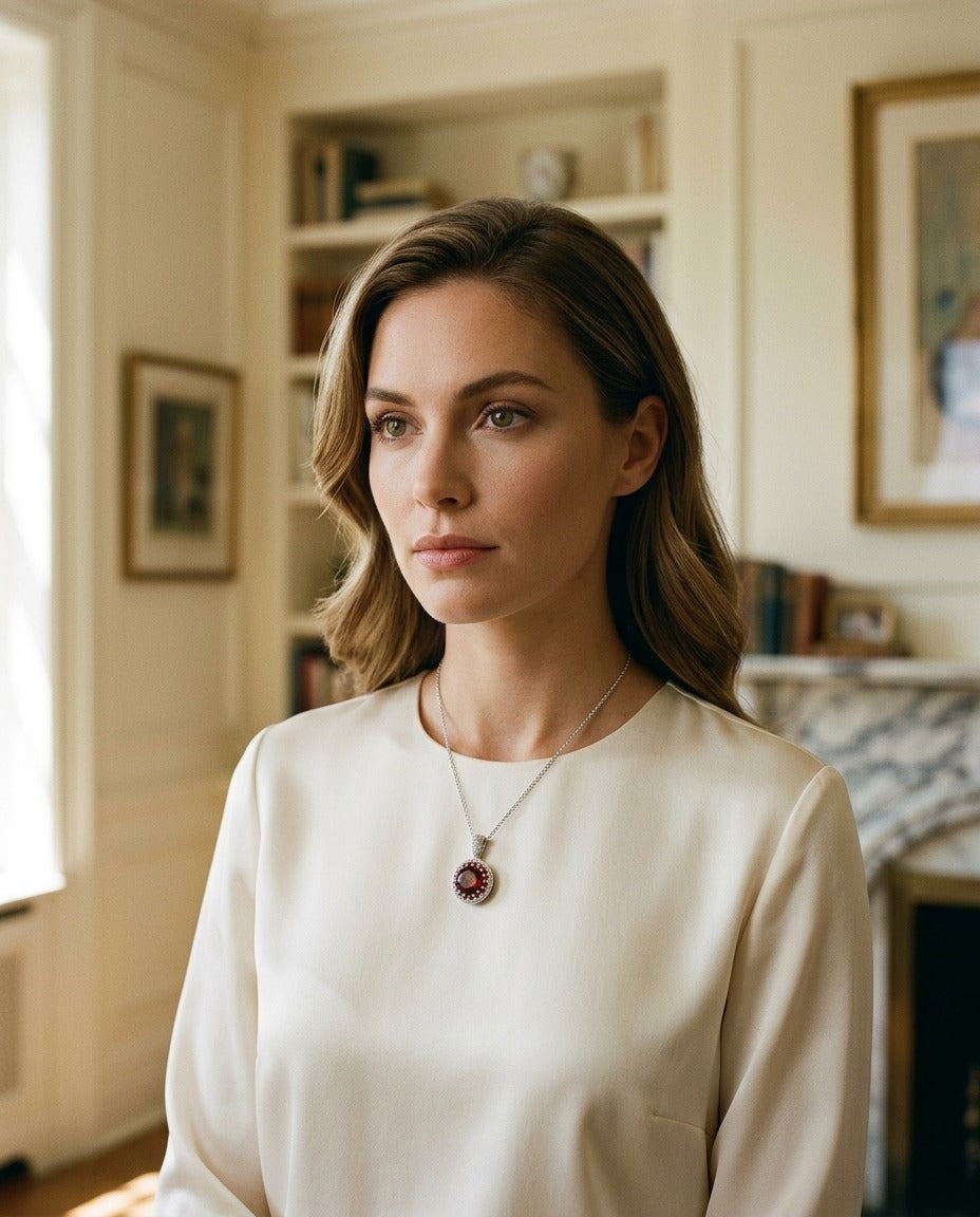 Garnet, Orange Sapphire And Diamond Halo Pendant In 14k White Gold — portrait full