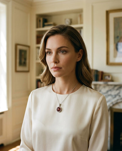 Garnet, Orange Sapphire And Diamond Halo Pendant In 14k White Gold — portrait full