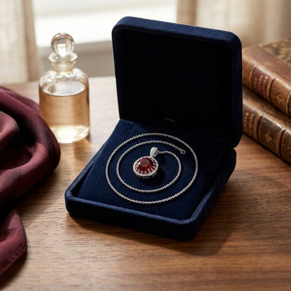 Garnet, Orange Sapphire And Diamond Halo Pendant In 14k White Gold — velvet box