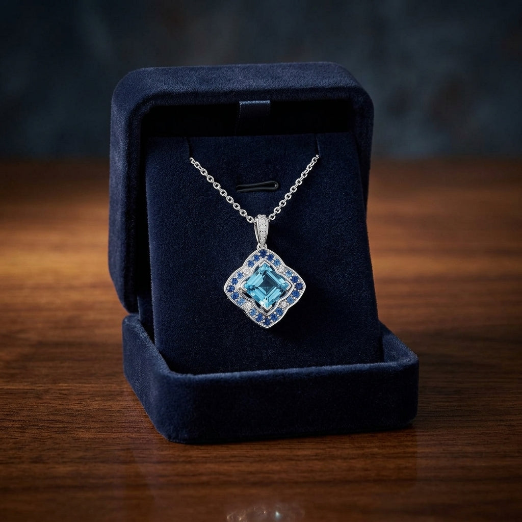 Swiss Blue Topaz, Sapphire And Diamond Pendant In 14k White Gold — gift presentation