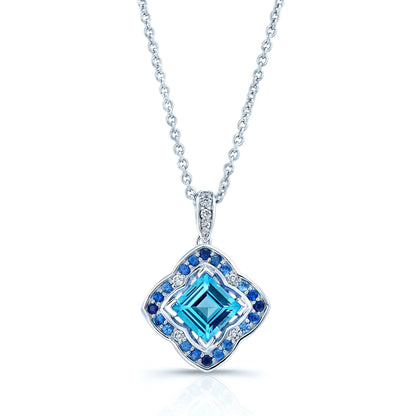 Swiss Blue Topaz, Sapphire And Diamond Pendant In 14k White Gold