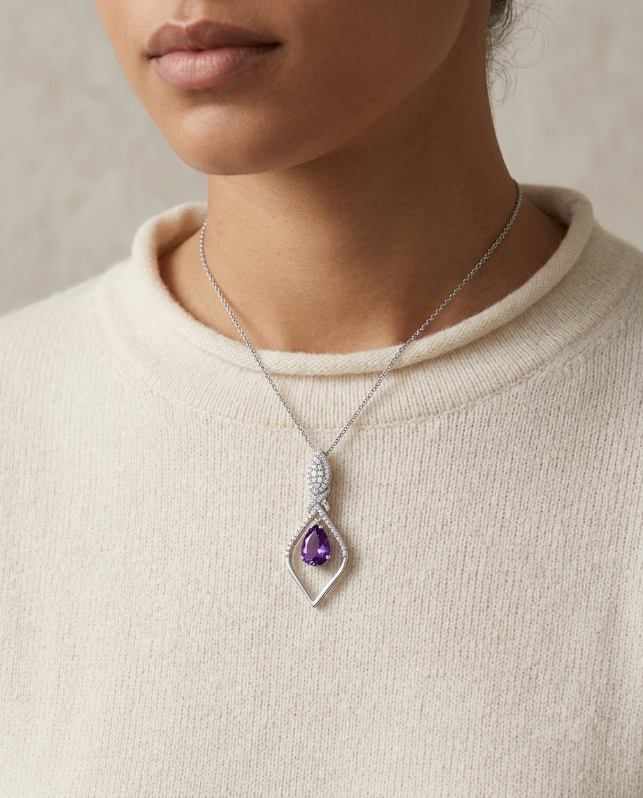 Amethyst And Diamond Studded Kite Pendant In 14k White Gold — editorial close-up