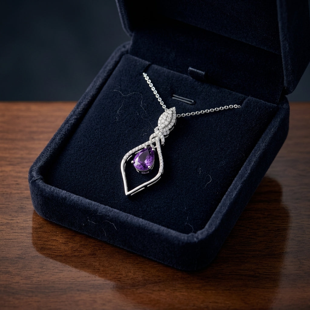 Amethyst And Diamond Studded Kite Pendant In 14k White Gold — gift presentation