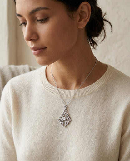 Diamond Chandelier Pendant With 0.50ct Round Center In 14k White Gold — editorial close-up