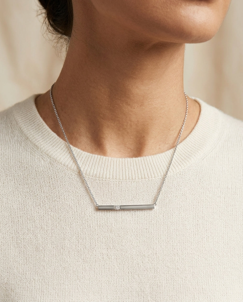 Diamond Bar Necklace In 14k White Gold 1/10ctw, 17 Inch Chain — editorial close-up