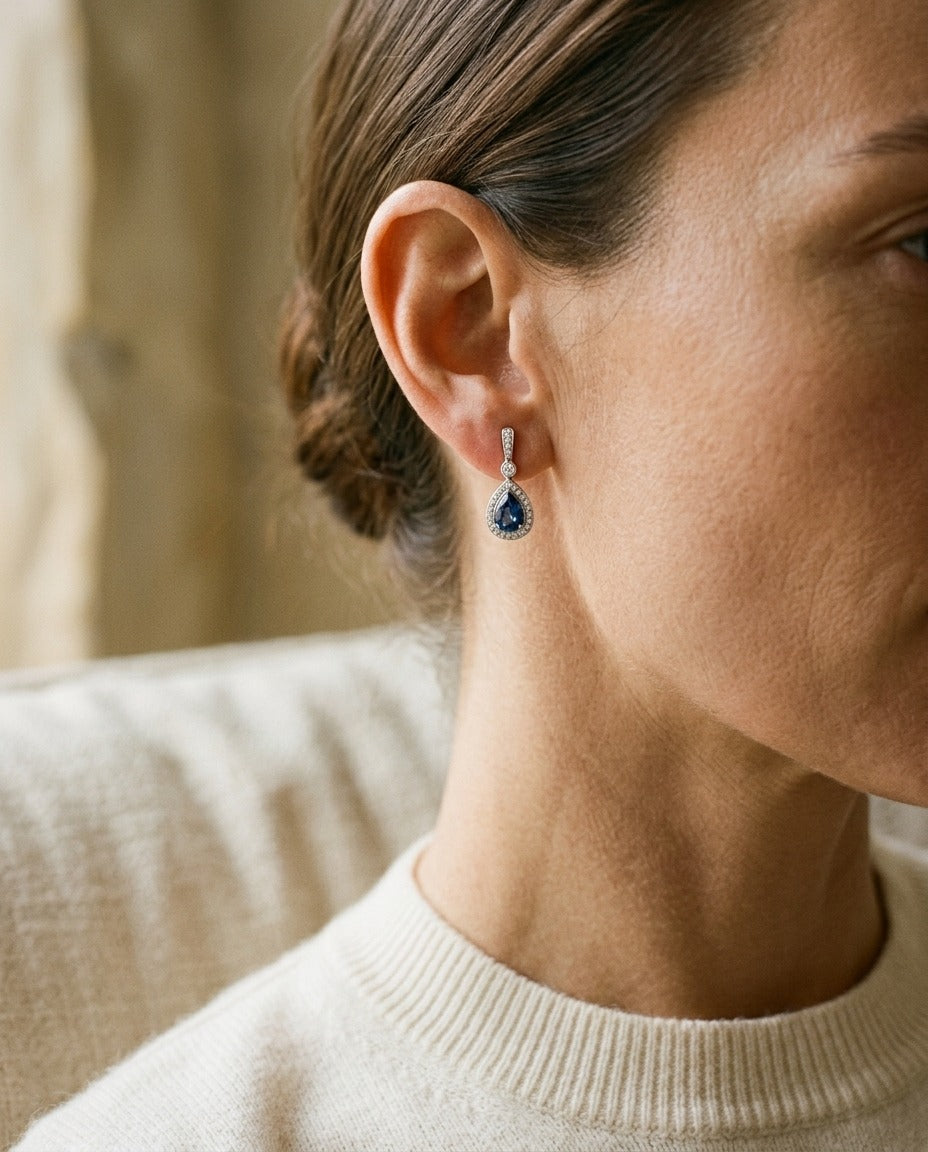 Sapphire and Diamond Teardrop Halo Pendant with Studded Bail in 14k White Gold (8x6mm) — portrait close