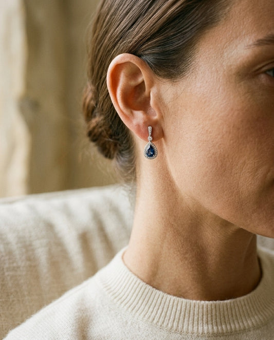 Sapphire and Diamond Teardrop Halo Pendant with Studded Bail in 14k White Gold (8x6mm) — portrait close