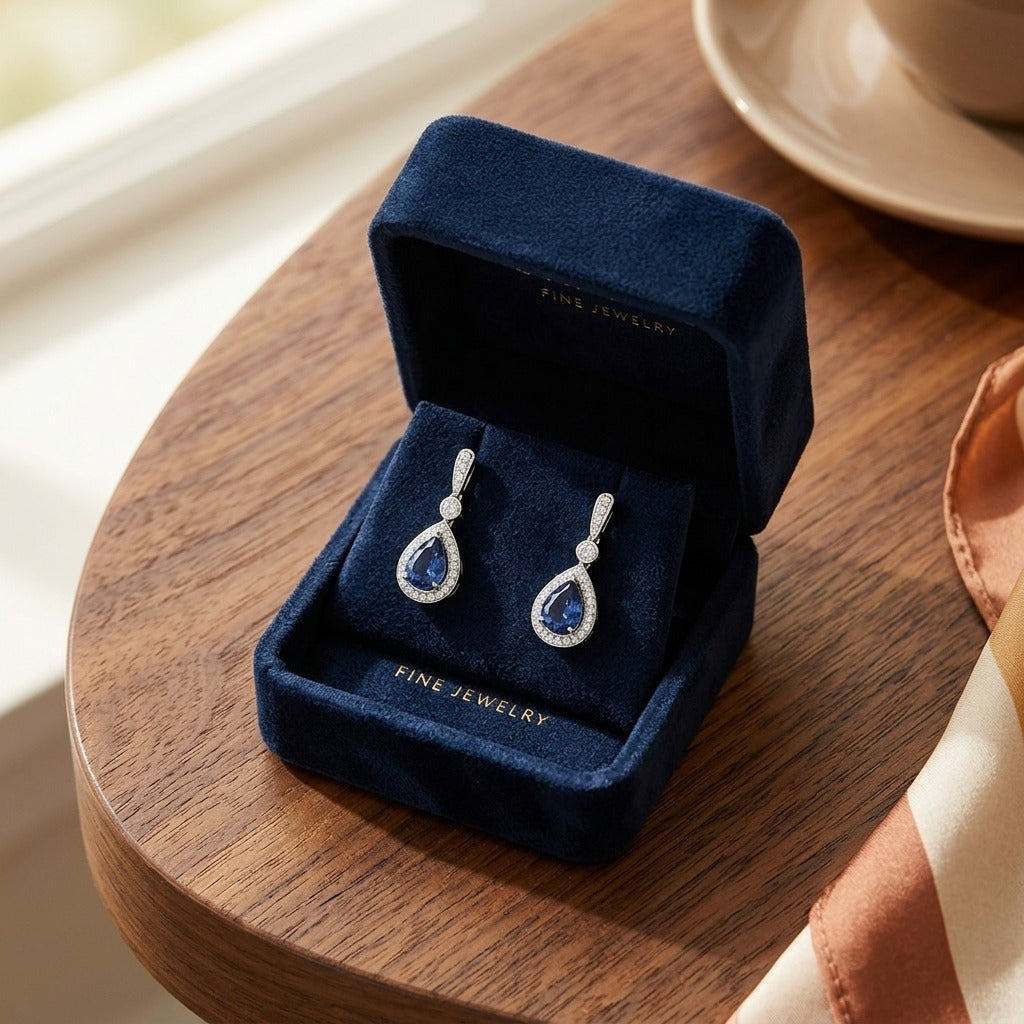 Sapphire and Diamond Teardrop Halo Pendant with Studded Bail in 14k White Gold (8x6mm) — velvet box