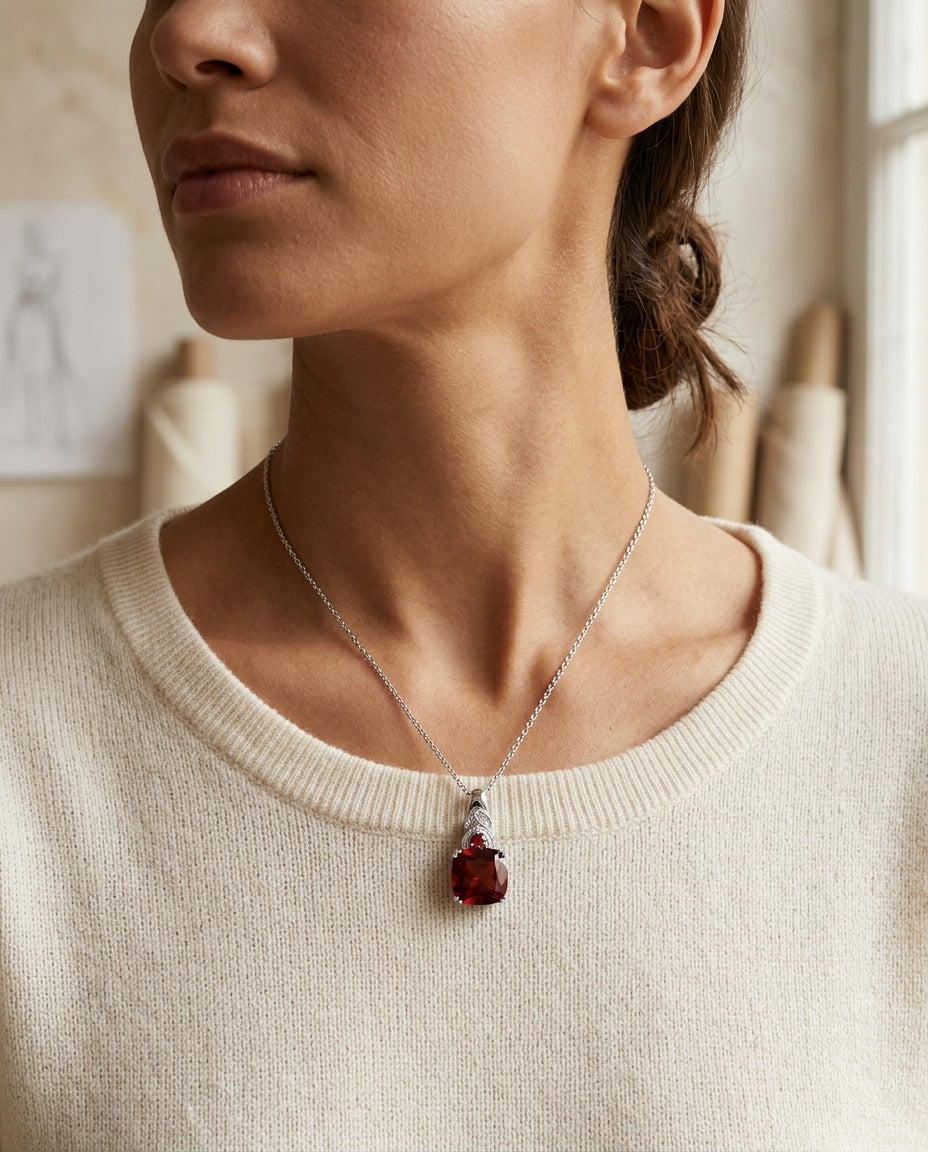 Rhodolite Garnet & Diamond Pendant In 14k White Gold — editorial close-up