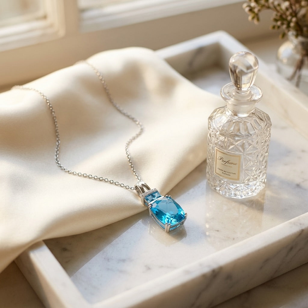 Swiss Blue Topaz And Diamond Pendant With Color-accent Bail In 14k White Gold — marble silk