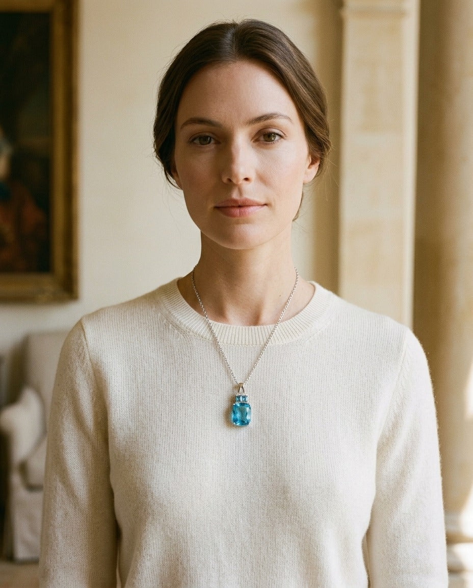 Swiss Blue Topaz And Diamond Pendant With Color-accent Bail In 14k White Gold — portrait close
