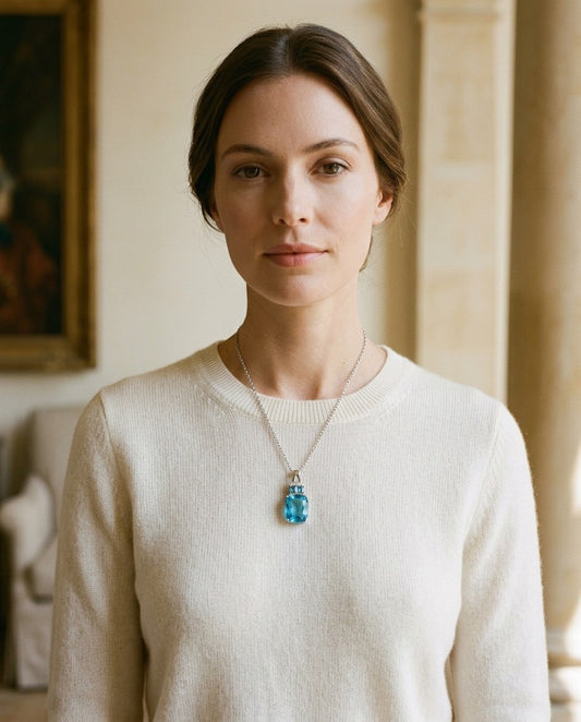 Swiss Blue Topaz And Diamond Pendant With Color-accent Bail In 14k White Gold — portrait close