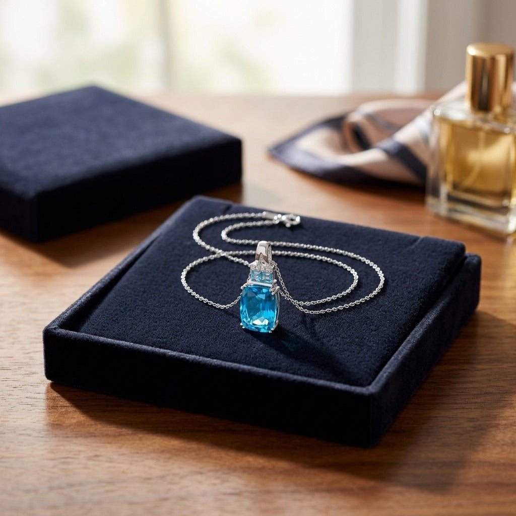 Swiss Blue Topaz And Diamond Pendant With Color-accent Bail In 14k White Gold — velvet box