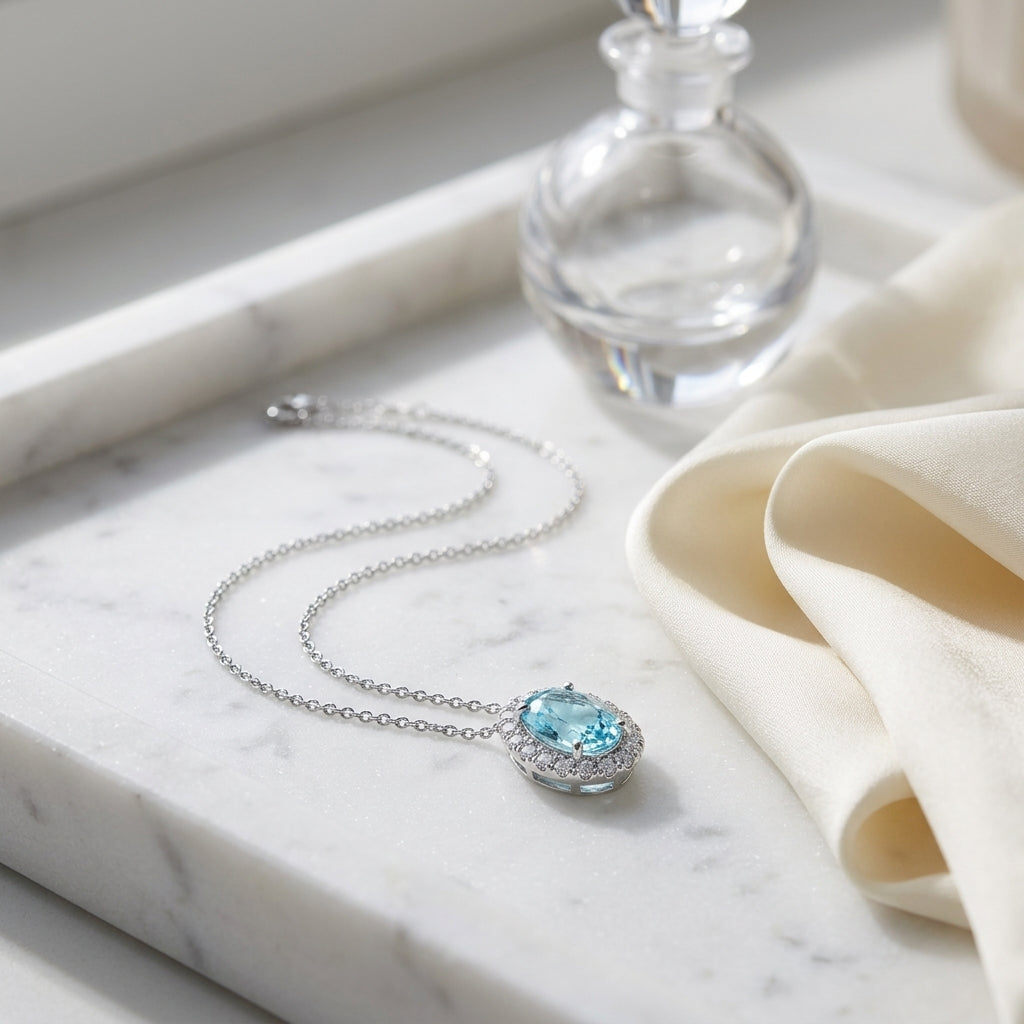 Aquamarine And Diamond Oval Halo Slide Pendant In 14k White Gold (8x6mm Center) — atelier still life