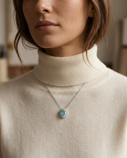 Aquamarine And Diamond Oval Halo Slide Pendant In 14k White Gold (8x6mm Center) — editorial close-up